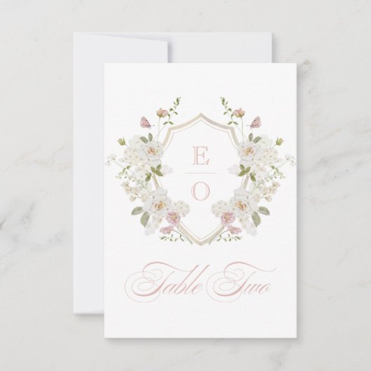 Romantisch Blush White Monogram Crest Tabel Nummer Kaart (Voorkant)
