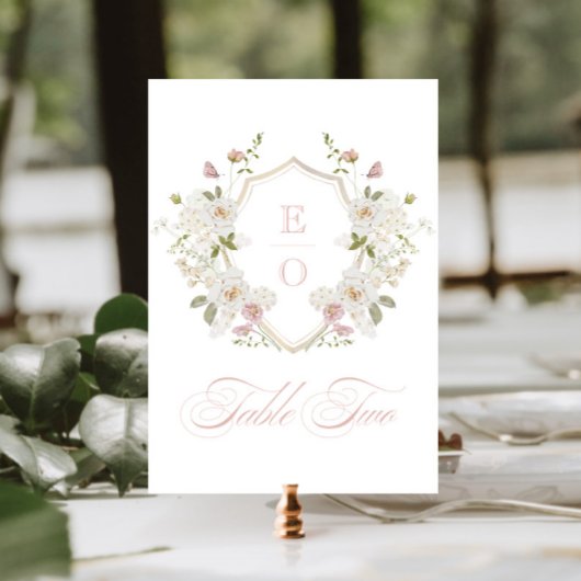 Romantisch Blush White Monogram Crest Tabel Nummer Kaart