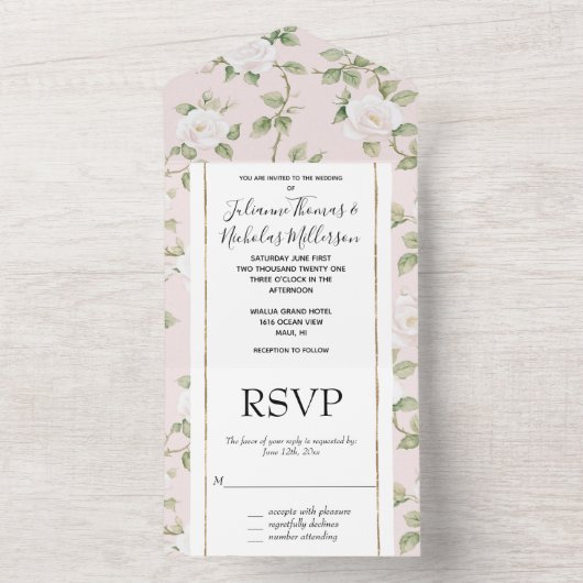 Romantisch Blush Wit Roze Bloemen Huwelijk All In One Uitnodiging (Binnen)