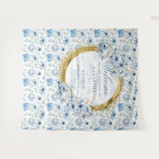 Romantisch Boho Pastel Blauw Gouden Trouwtapijt Wandkleed (Voorkant (horizontaal))