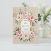 Romantisch Boho  – Roze Pioenrozen & Groene Blader RSVP Kaartje (Staand voorkant)
