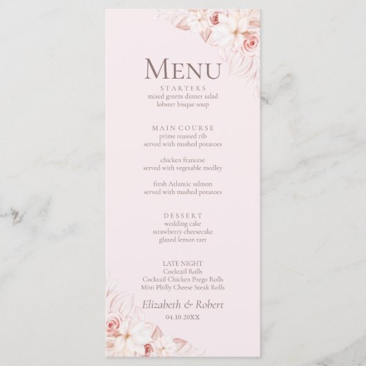 Romantisch Bord Roze Rozen Bruiloft Menu (Voorkant)