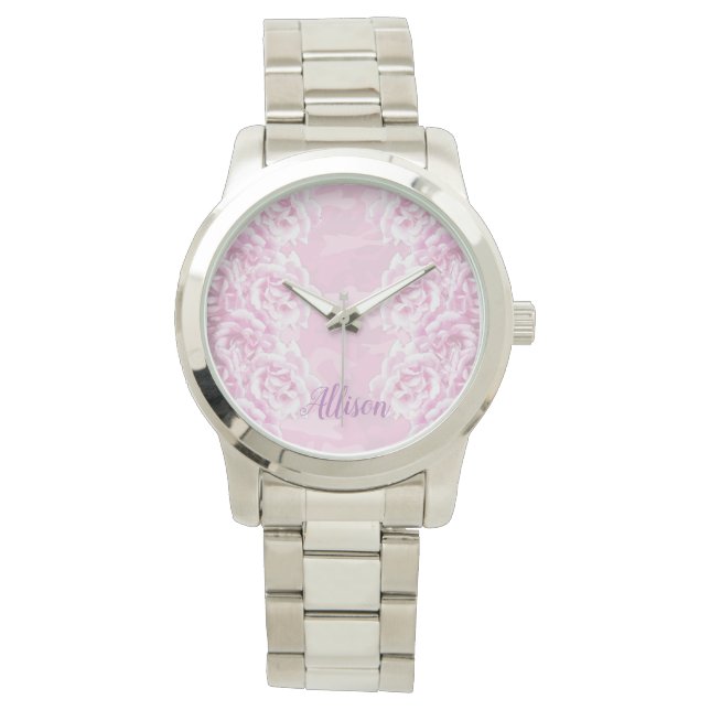 Romantisch bord roze rozen op roze camouflage horloge (Voorkant)