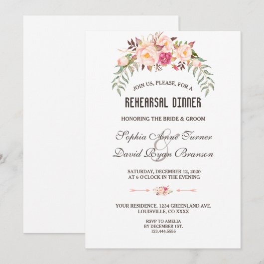 Romantisch bordeauxroze bloemencollectie voor oefe kaart (Voorkant / Achterkant)