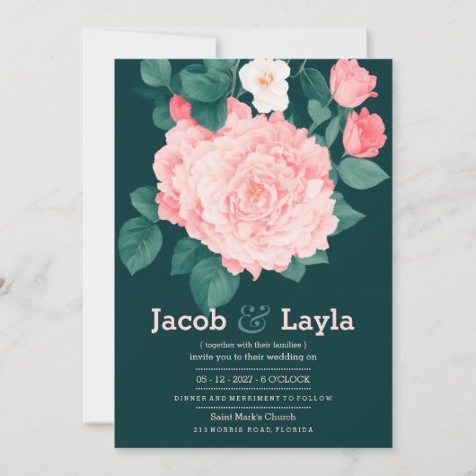 Romantisch bos groen roze roos bloemenbruiloft kaart (Voorkant)