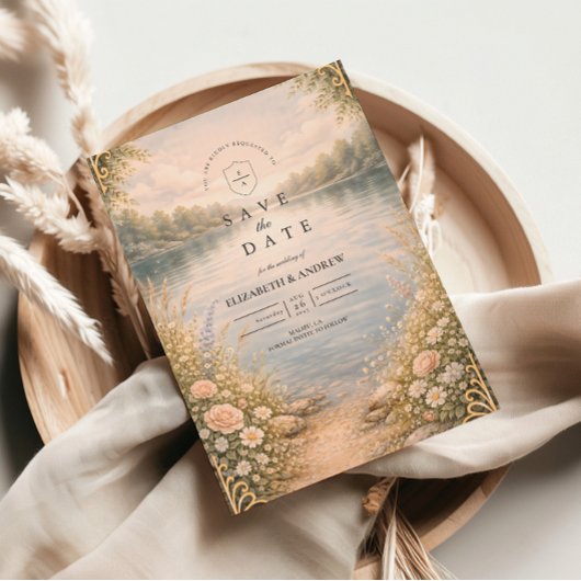 Romantisch bosmeer bruiloft met wilde bloemen save the date
