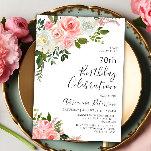 Romantisch Botanisch Blush Roos Bloemen 70ste Verj Kaart