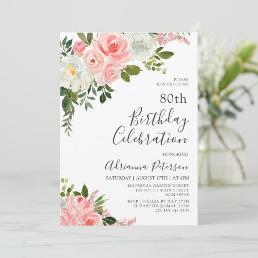 Romantisch Botanisch Blush Roos Bloemen 80ste Verj Kaart (Staand voorkant)