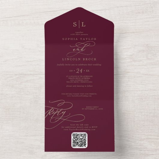 Romantisch Bourgogne Monogram QR Code Bruiloft All In One Uitnodiging (Binnen)