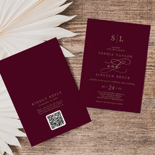 Romantisch Bourgogne Monogram QR Code Terug Bruilo Kaart