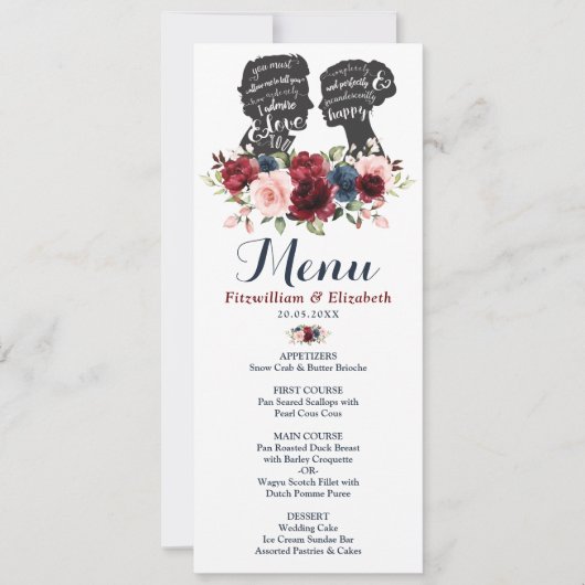 Romantisch Bourgogne Navy Bloemen Silhouet Menu Ka Kaart (Voorkant)