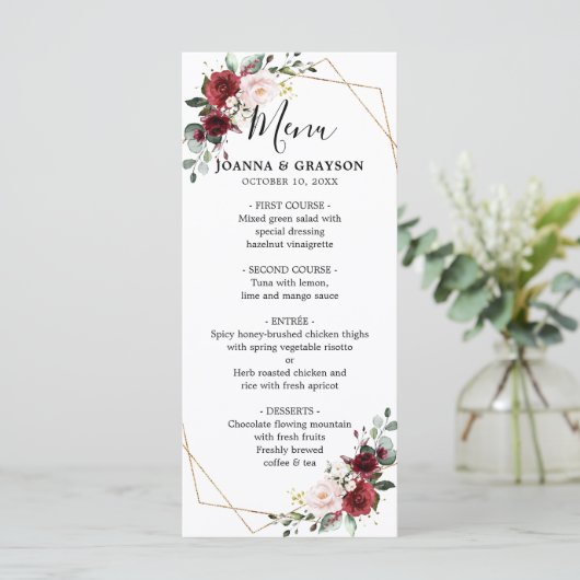 Romantisch Bourgondië rood blozend Roos bloemige g Menu (Staand voorkant)