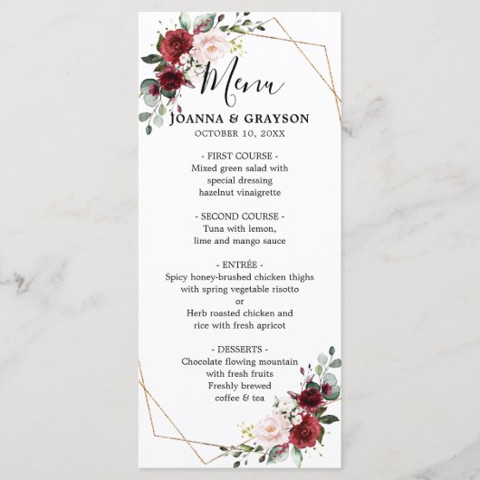 Romantisch Bourgondië rood blozend Roos bloemige g Menu (Voorkant)