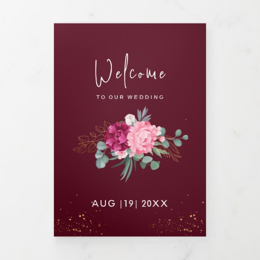 Romantisch Bourgondië Rood | Blush Roze Bloemige B Drieluik Aankondiging (Cover)