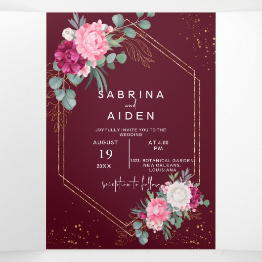 Romantisch Bourgondië Rood | Blush Roze Bloemige B Drieluik Aankondiging (Binnenkant midden)