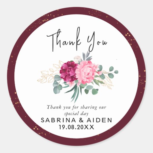Romantisch Bourgondië Rood | Blush Roze Gouden Blo Ronde Sticker (Voorkant)