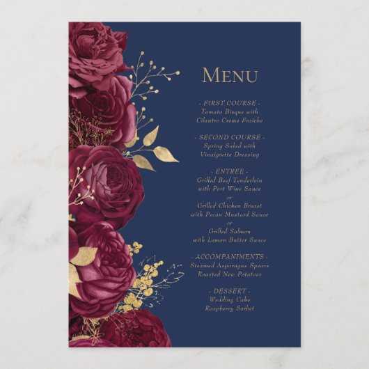 Romantisch Bourgondisch Goud Marine Blauw Bloemen  Menu (Voorkant)