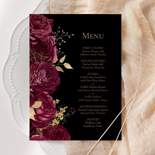 Romantisch Bourgondisch Goud Zwart Bloemen Huwelij Menu