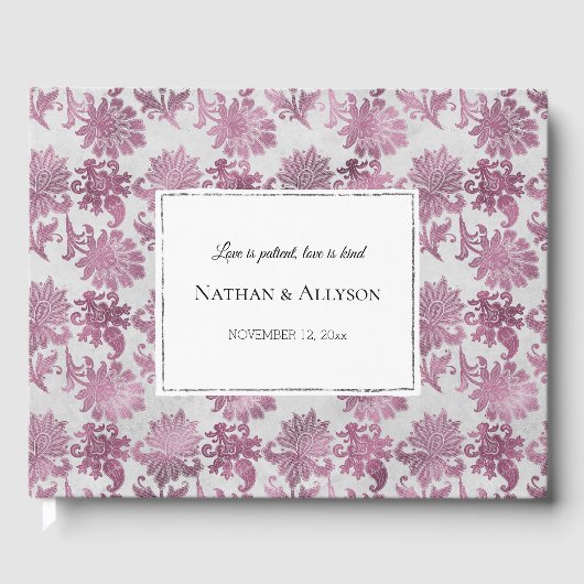 Romantisch Bourgondisch Rood Zilver Bloemen Huweli Gastenboek (Voorkant)