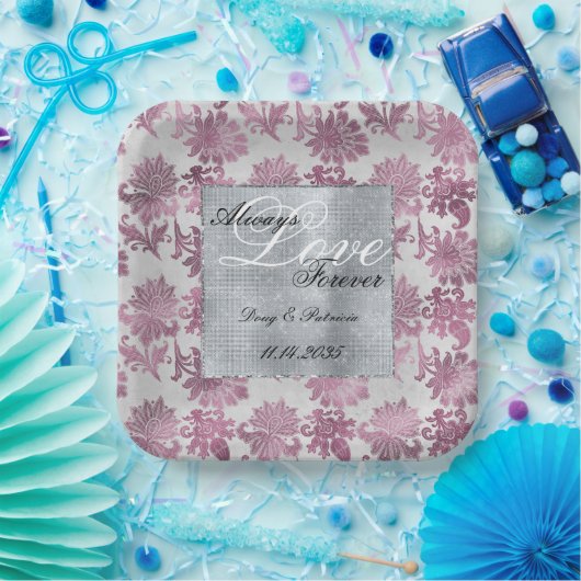 Romantisch Bourgondisch Rood Zilver Bloemen Huweli Papieren Bordje (Feest)