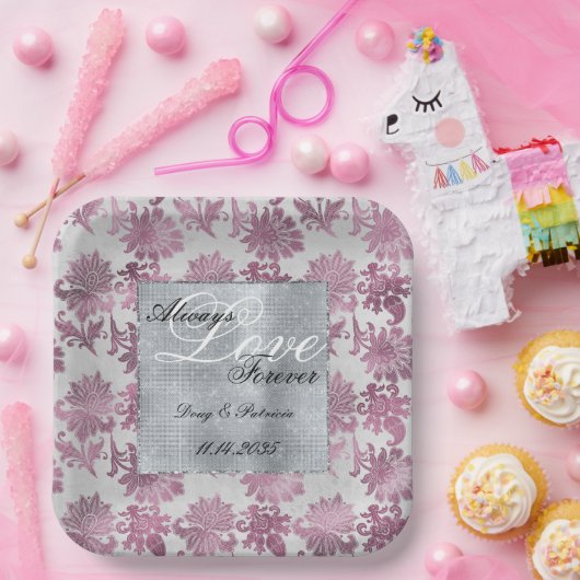 Romantisch Bourgondisch Rood Zilver Bloemen Huweli Papieren Bordje (Feest)