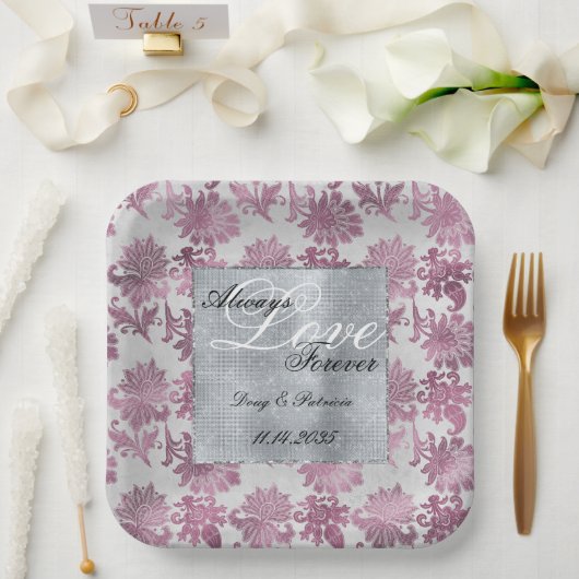 Romantisch Bourgondisch Rood Zilver Bloemen Huweli Papieren Bordje (Huwelijk)