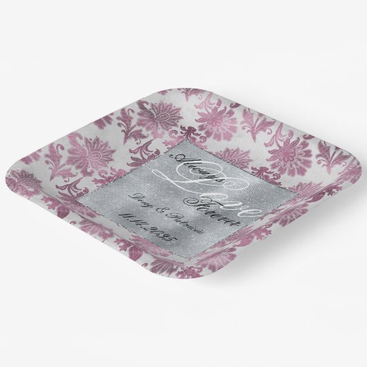 Romantisch Bourgondisch Rood Zilver Bloemen Huweli Papieren Bordje (Gebogen)