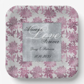 Romantisch Bourgondisch Rood Zilver Bloemen Huweli Papieren Bordje (Voorkant)