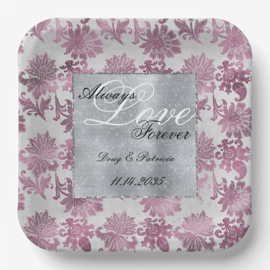 Romantisch Bourgondisch Rood Zilver Bloemen Huweli Papieren Bordje (Voorkant)