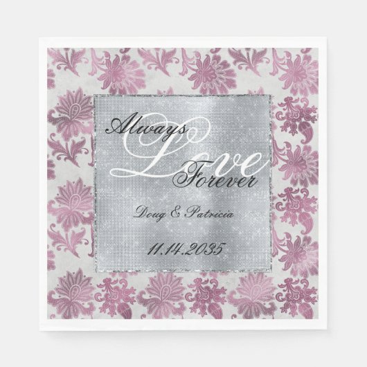 Romantisch Bourgondisch Rood Zilver Bloemen Huweli Servet (Voorkant)