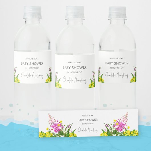 Romantisch Bright Wildflower Script Baby shower Waterfles Etiket