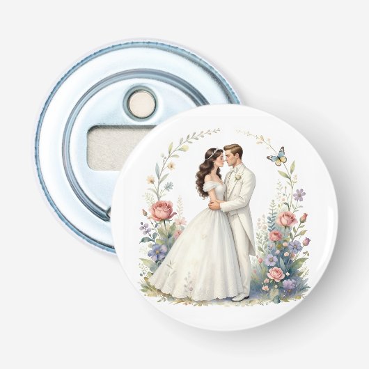 Romantisch bruid bruidegom bloemrijke elegante tro button flesopener (Voorkant)