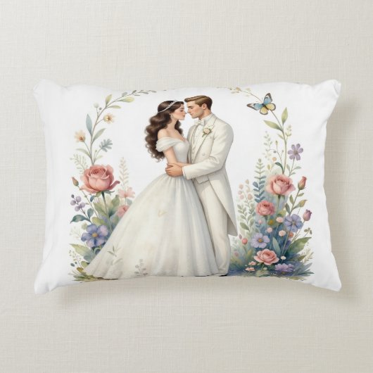 Romantisch Bruidegom Bruid Bloemig Elegant Trouwko Accent Kussen (Voorkant)