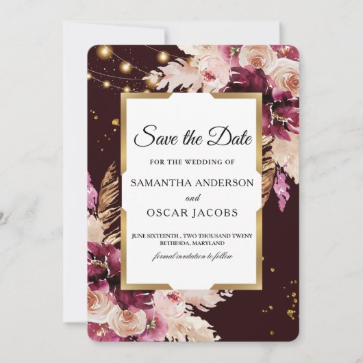 Romantisch Burgundy & Blush Roze Bloemen  Save The Date (Voorkant)
