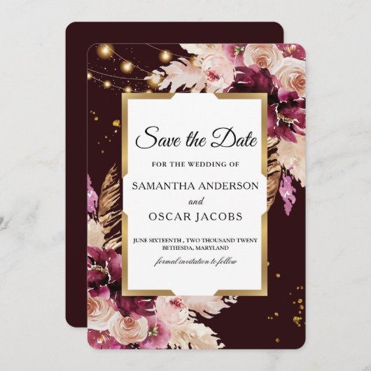 Romantisch Burgundy & Blush Roze Bloemstuk  Save The Date (Voorkant / Achterkant)