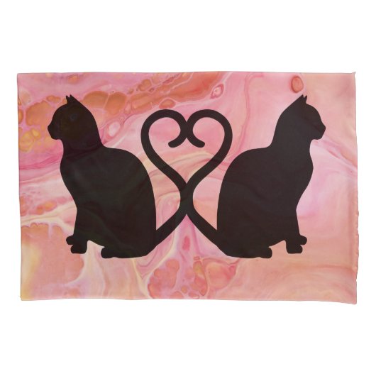 Romantisch Cat Couple Silhouette op Roze Kussensloop (Voorkant)