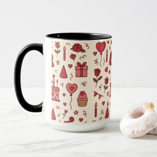 Romantisch Celebratie Doodle Patroon Mok (Met donut)