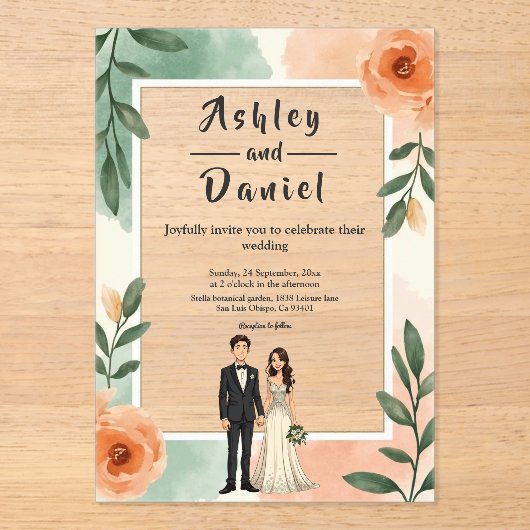 Romantisch Chic Bloemen Lijst Bruid en bruidegom b Acryl Uitnodigingen (Voorkant)