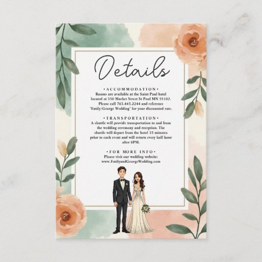 Romantisch Chic Bloemen Lijst Bruid en bruidegom b Informatiekaartje (Voorkant)