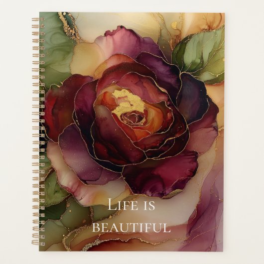 Romantisch Chic Roos Rode Bourgogne Gouden Bloemen Planner (Voorkant)