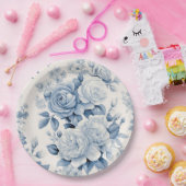 Romantisch Chique Antiek Stoffig Blauw Rozen Papieren Bordje (Feest)