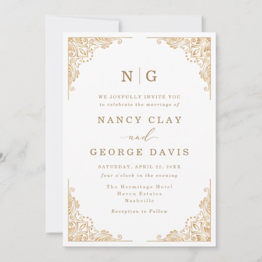 Romantisch Classic Monogram Goud  Huwelijk Kaart (Voorkant)