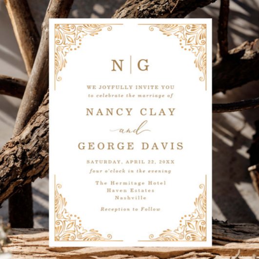 Romantisch Classic Monogram Goud  Huwelijk Kaart