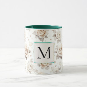 Romantisch Crème Roos Bloemend Monogram Mok