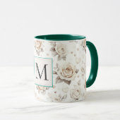Romantisch Crème Roos Bloemend Monogram Mok (Voorkant rechts)