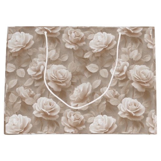 Romantisch crèmekleurig roos beige bloemmotief groot cadeauzakje (Voorkant)