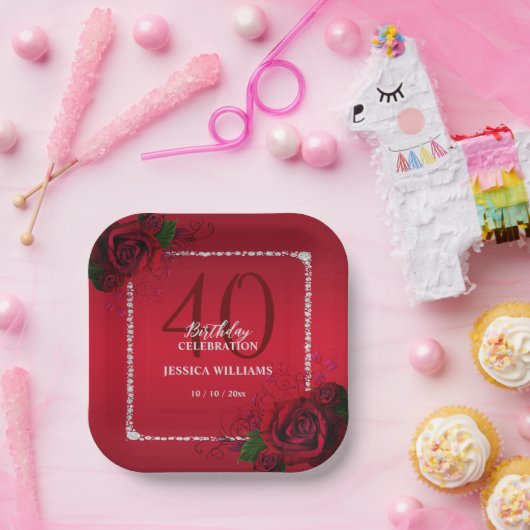 Romantisch Decoratief Rozen Verjaardagsfeest Papieren Bordje (Feest)