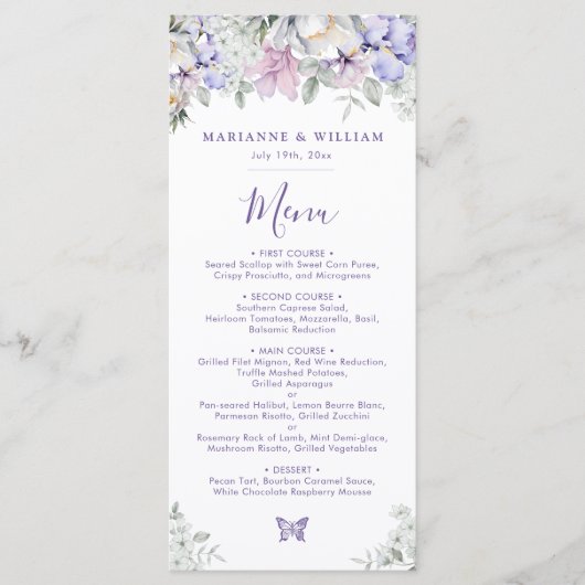Romantisch Delicaat Bloemenlavendel Trouwdiner Menu (Voorkant)