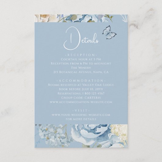 Romantisch Dusty Blue Floral Details Huwelijk Informatiekaartje (Voorkant)