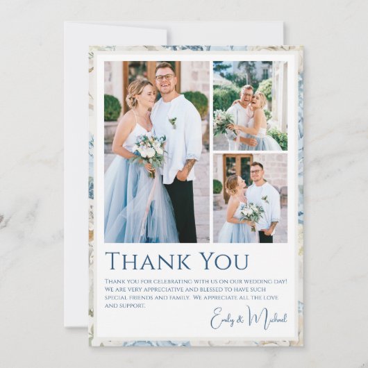 Romantisch Dusty Blue Floral Fotobruiloft Bedankkaart (Voorkant)